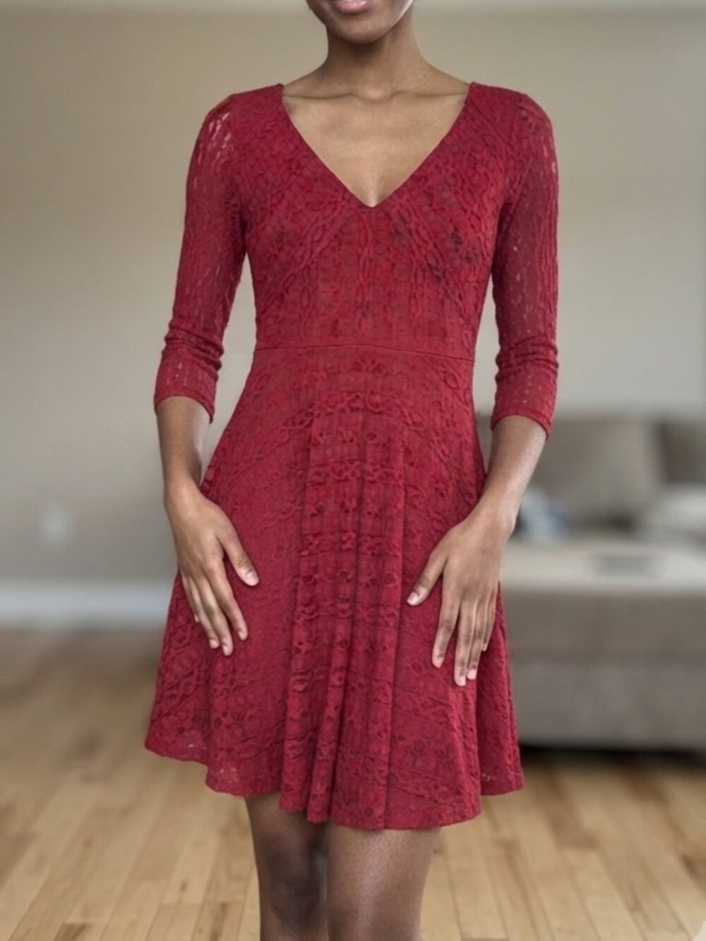 LUSH Burgundy Red V-Neck Fit & Flare Mini Dress XS